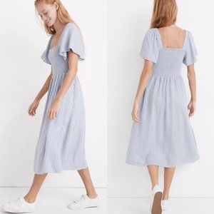 NEW Madewell Linen-Blend Lucie Smocked Midi Stripe Dress Size Extra Small XS